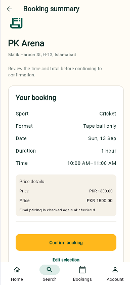 BookNKhel customer app booking summary screen