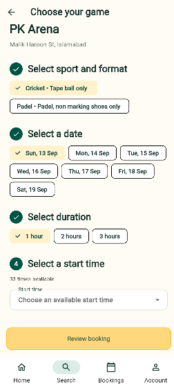 BookNKhel customer app booking screen