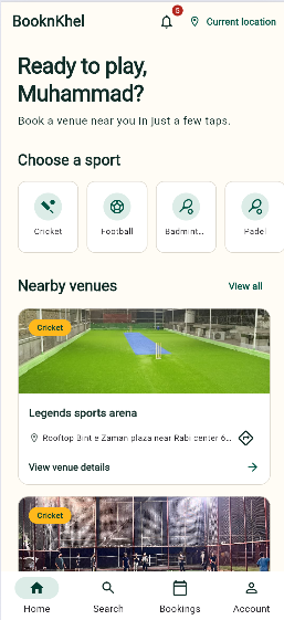 BookNKhel customer app home screen