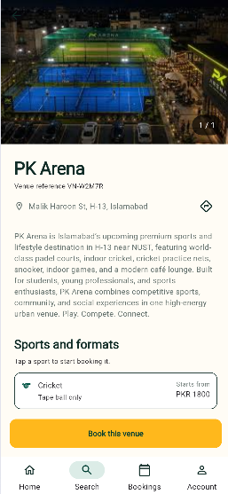 BookNKhel customer app venue detail screen