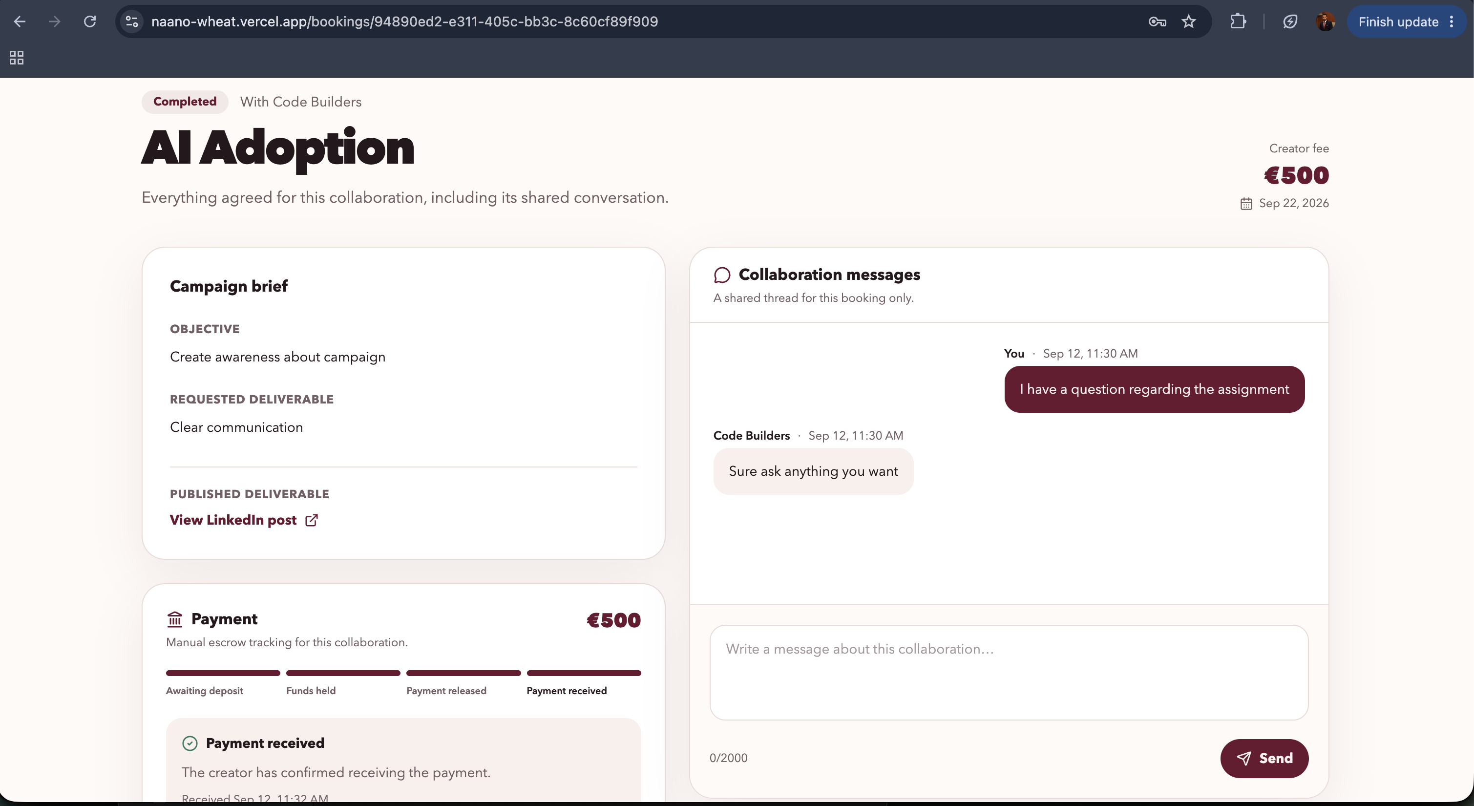 Collab booking detail page with campaign brief, messages, and payment escrow tracker