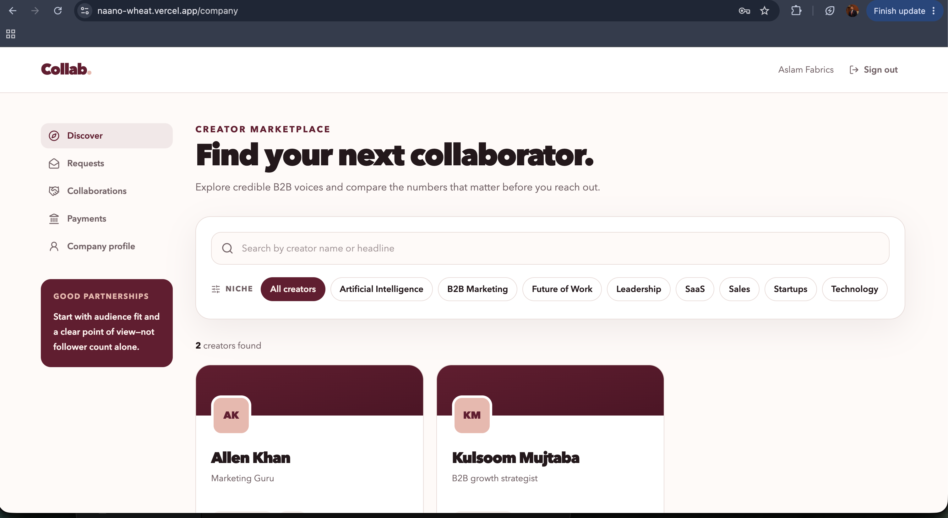 Collab company-side creator marketplace with niche filters