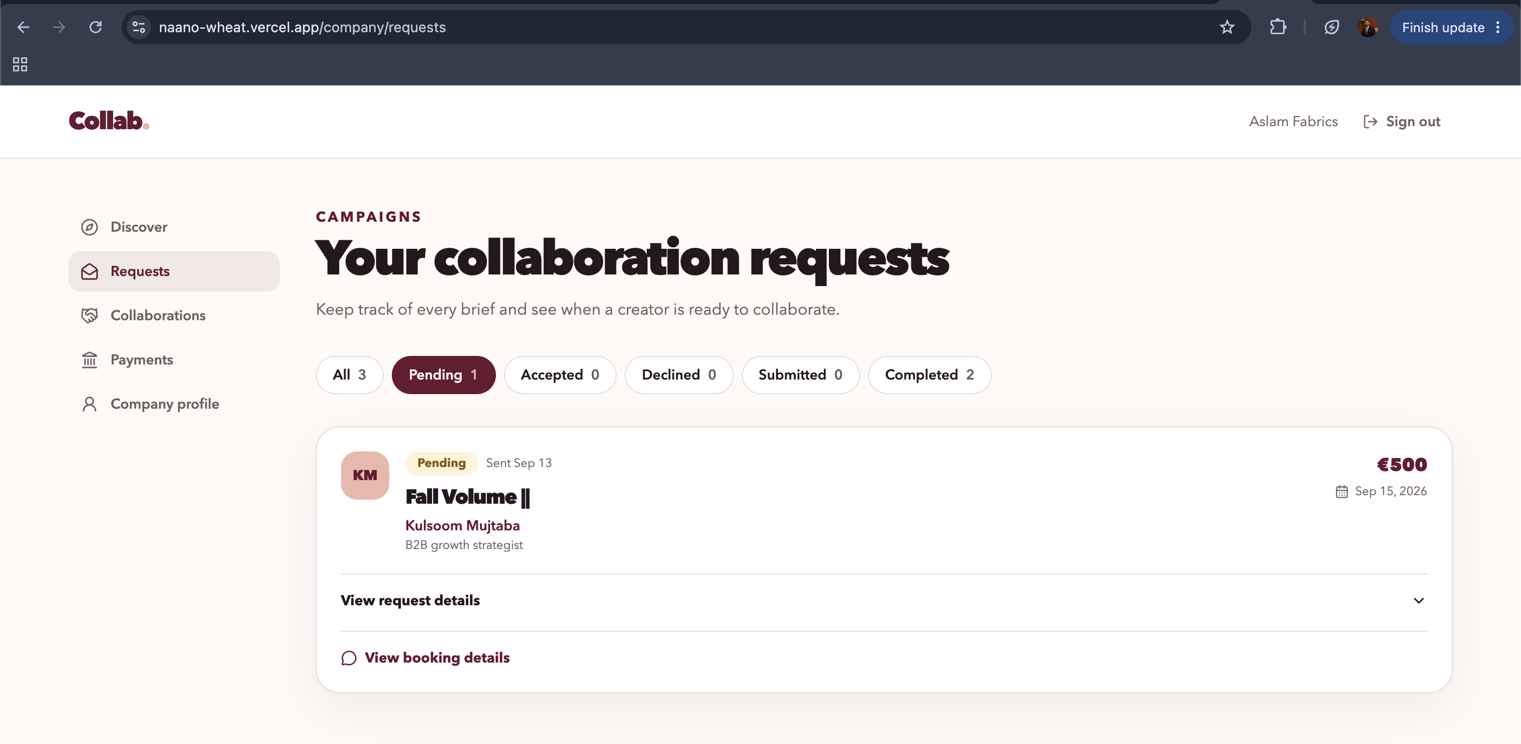 Collab company collaboration requests list