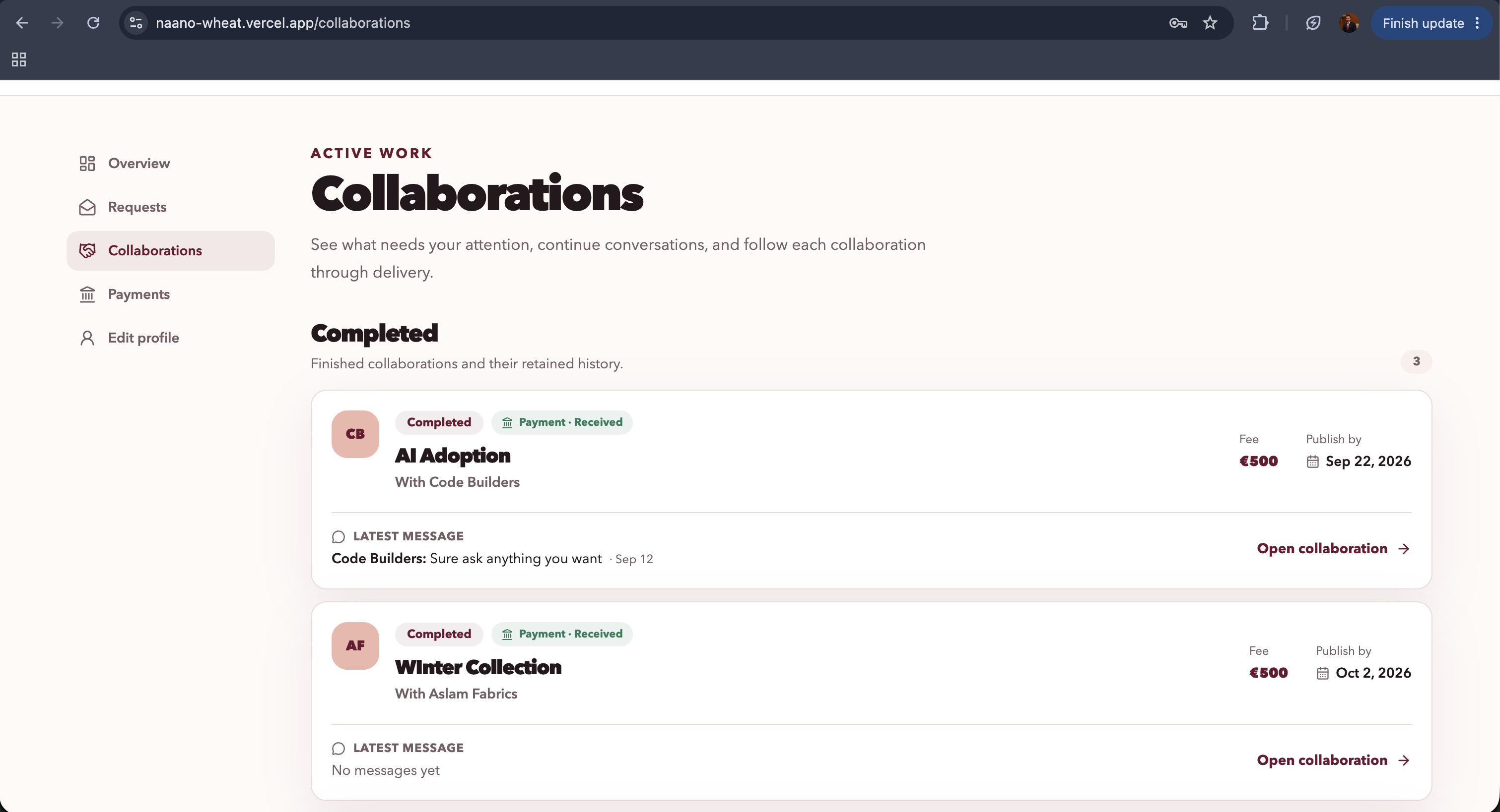 Collab creator-side collaborations list
