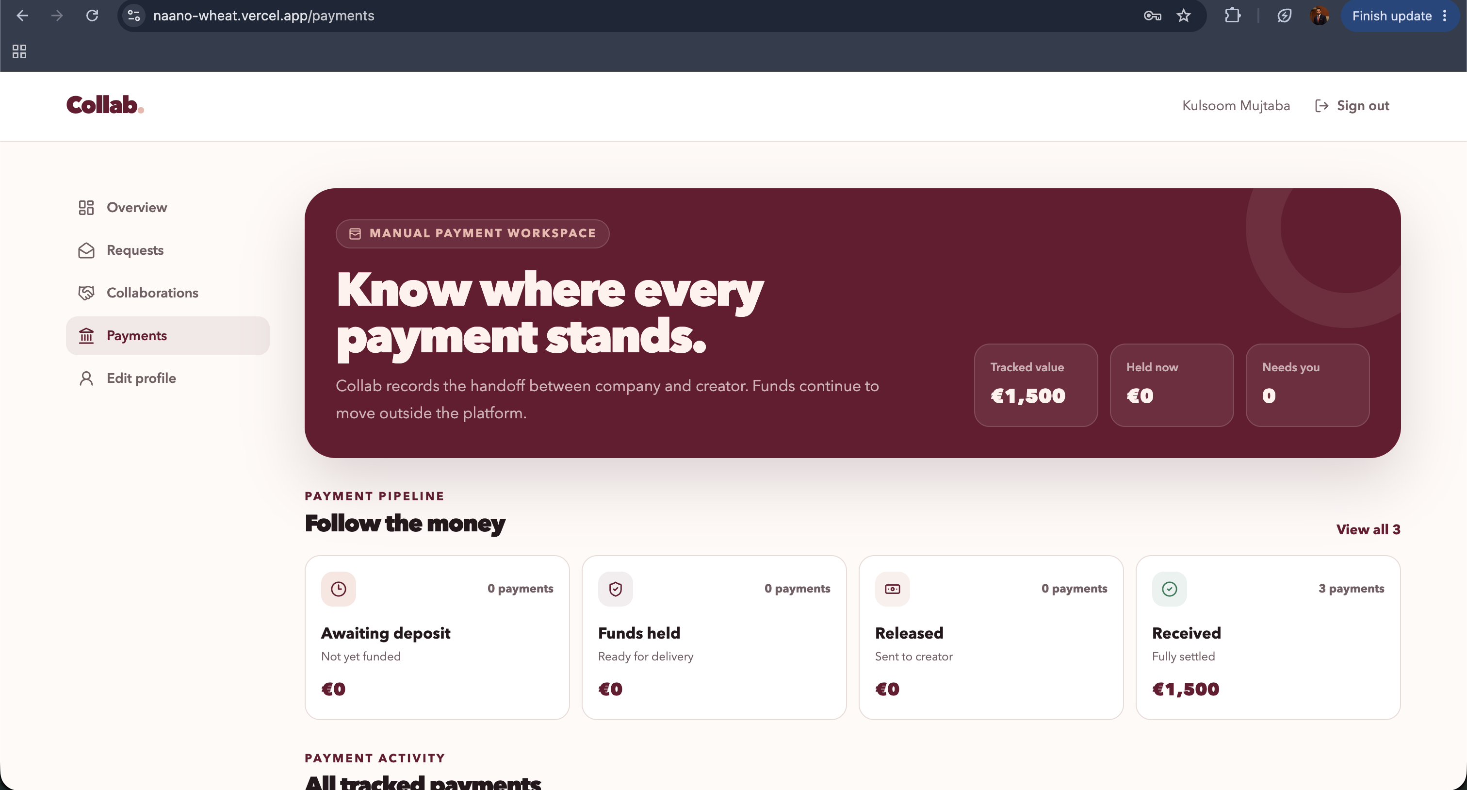 Collab payments workspace tracking manual escrow status