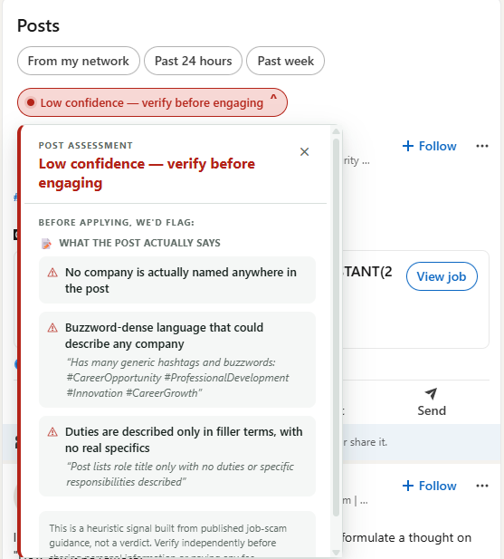 Fake Job Detector detailed signal breakdown