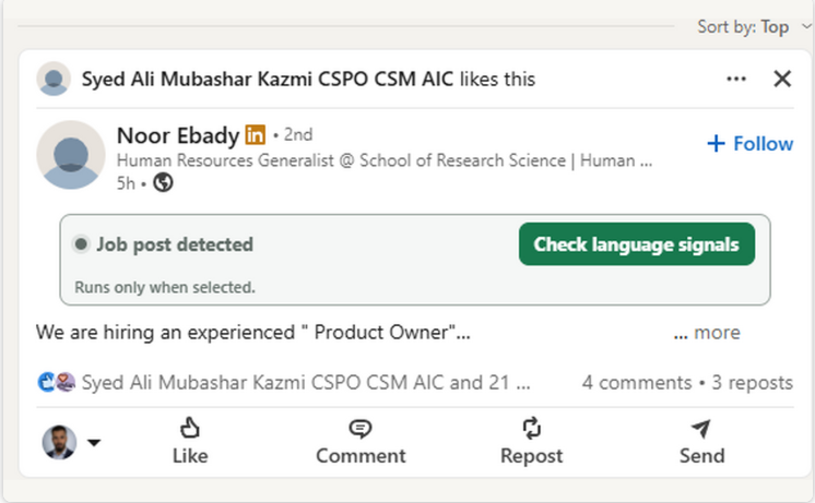 Fake Job Detector in-feed warning banner