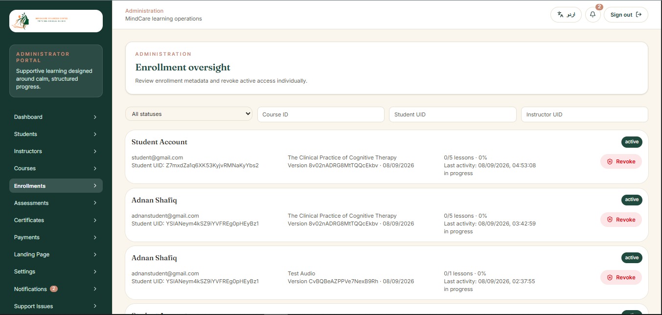 MindCare admin enrollment oversight with per-student course progress