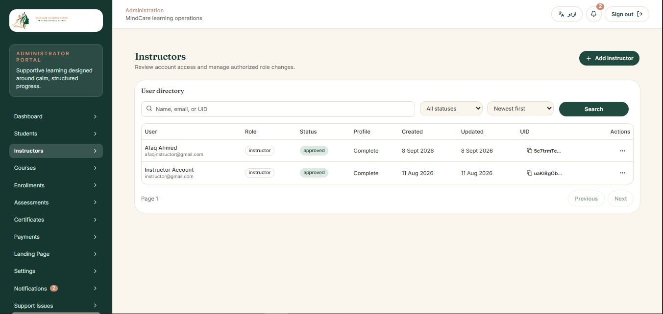 MindCare admin instructor directory