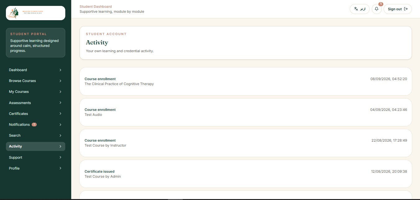 MindCare student account activity log