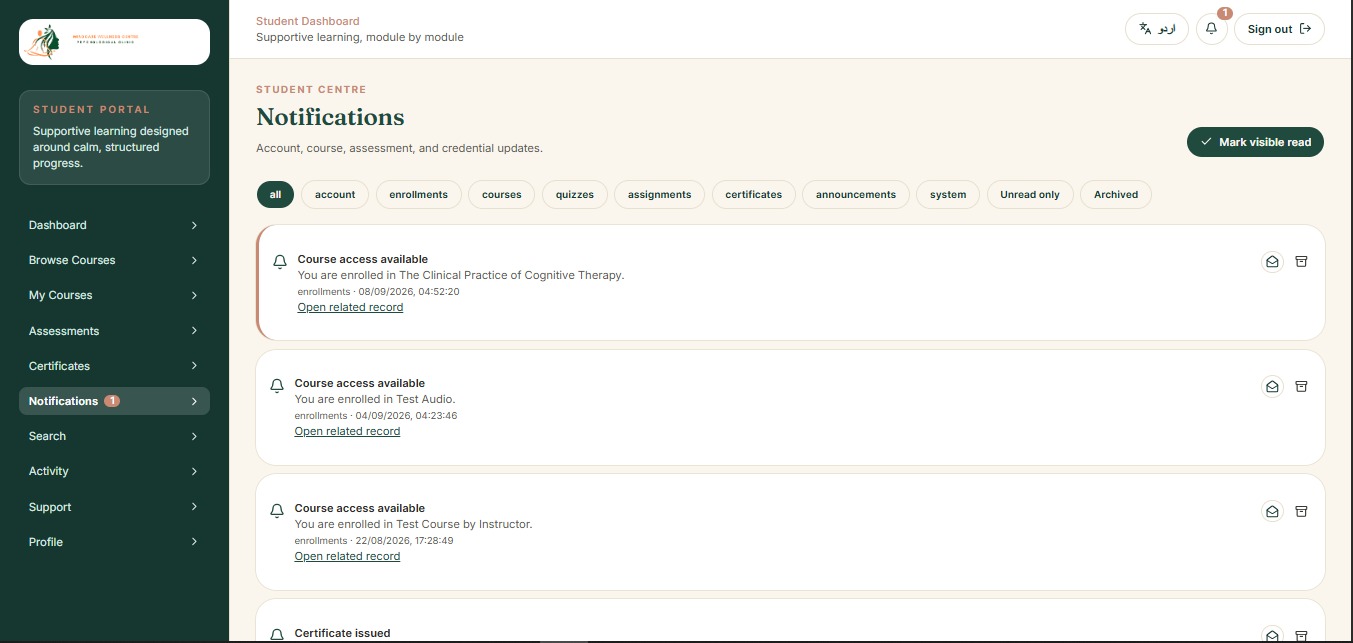 MindCare student portal notifications for enrollments and certificates